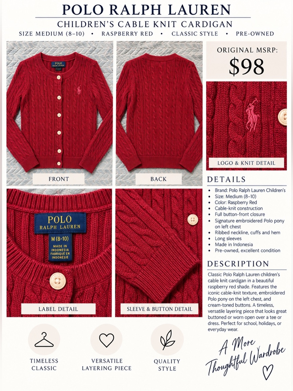Polo by Ralph Lauren Raspberry Red Cable-Knit Cardigan